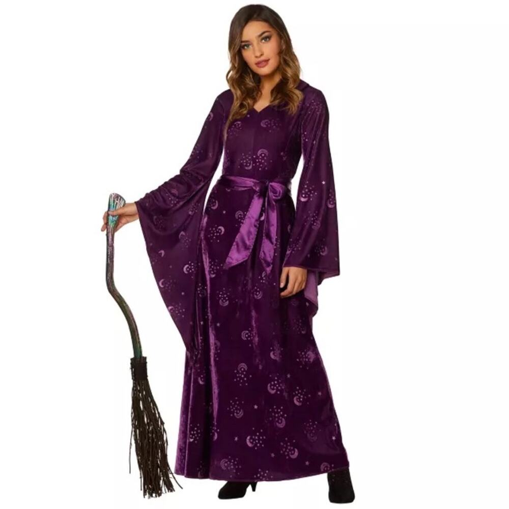 Spirit Purple Crushed Velvet Celestial Hooded Dress Cloak Moon Star Bell Sleeve